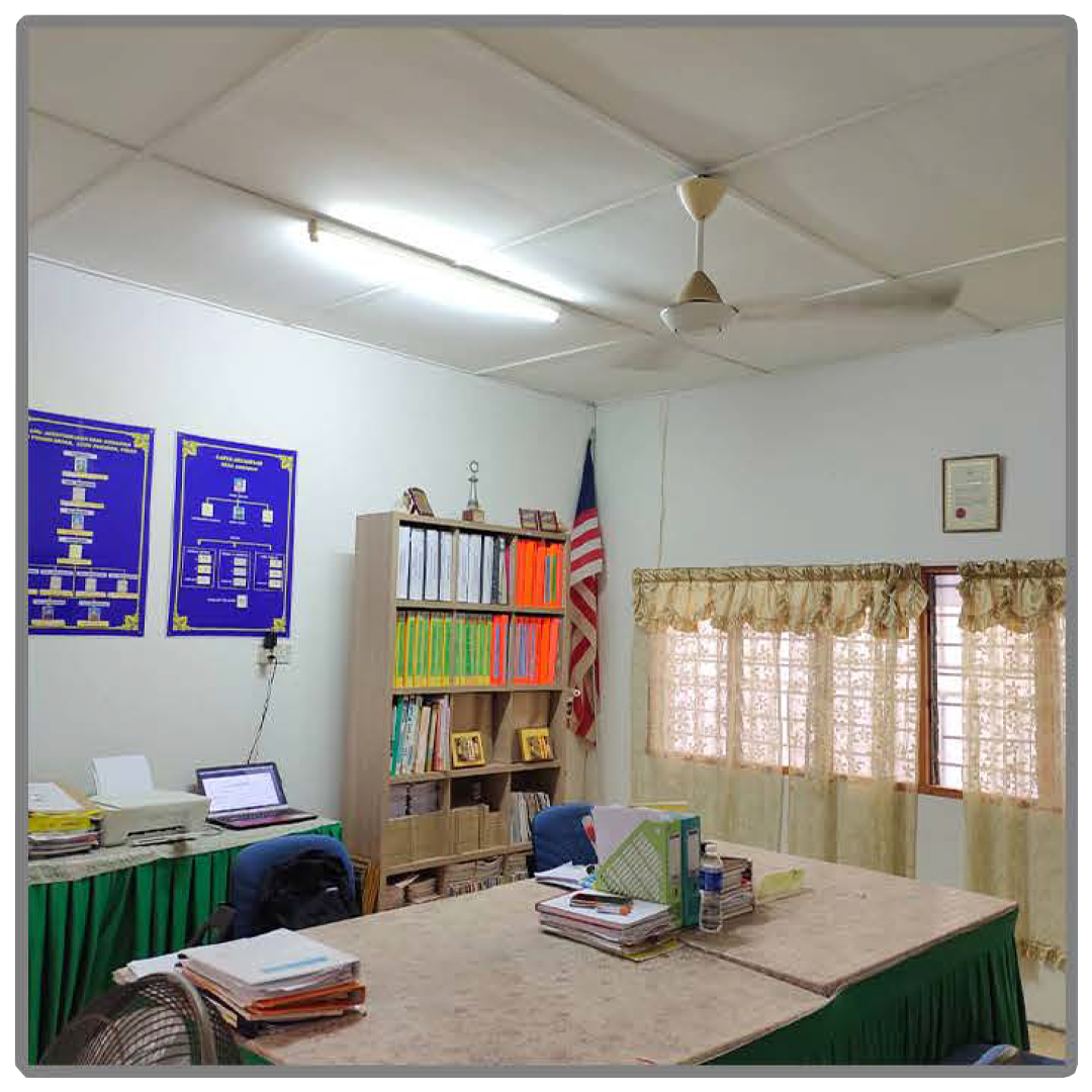 Bilik guru — sudut meja & rak